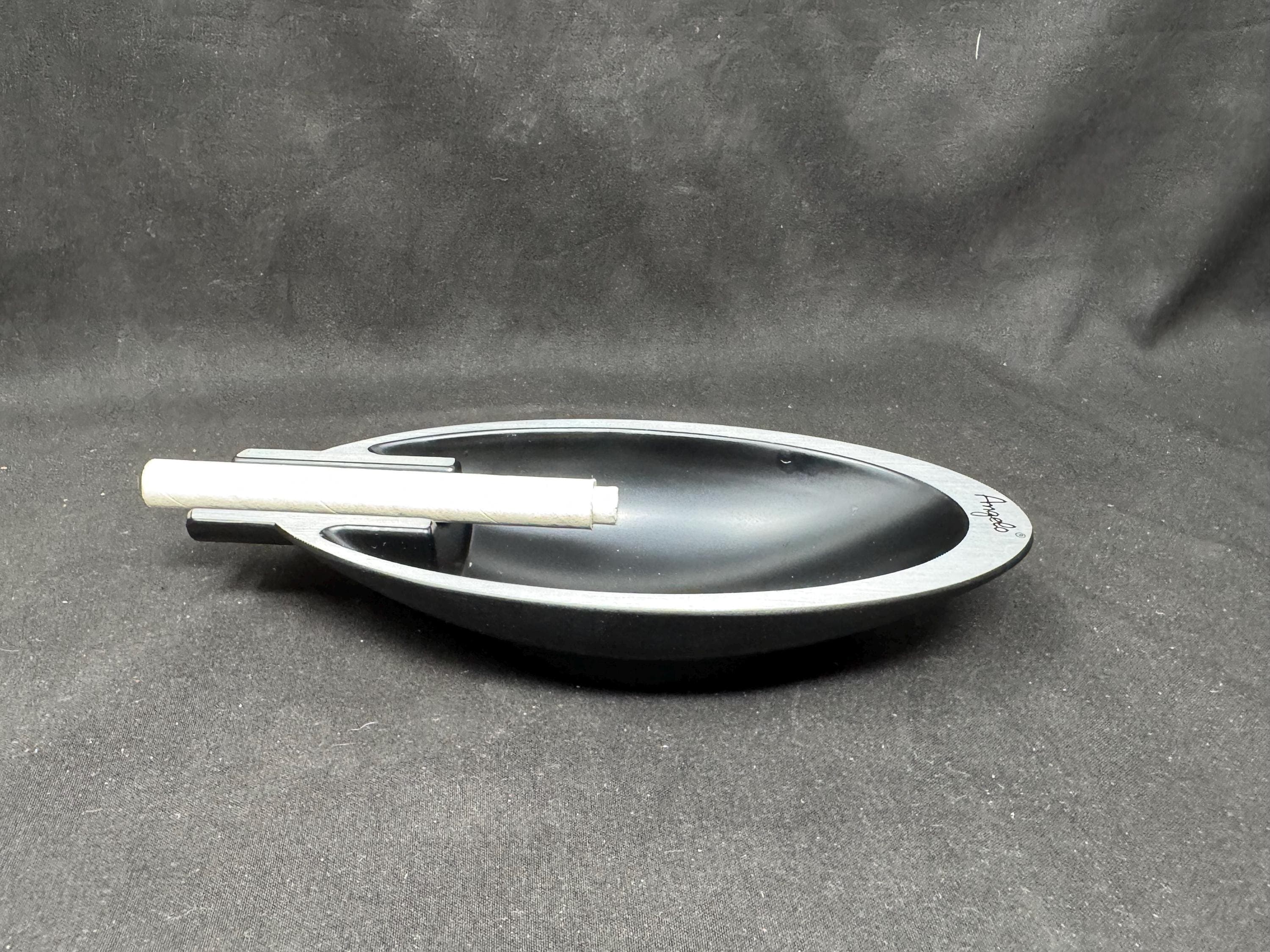 ANGELO Patented Ceramic Ashtray, Italian Mid-Century Modern, Glossy Black with Grey Rim