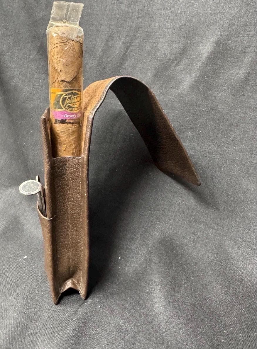 Vintage German Leather 3-Cigar Travel Case | Textured Light Coffee | Tabakgeschaft Estate