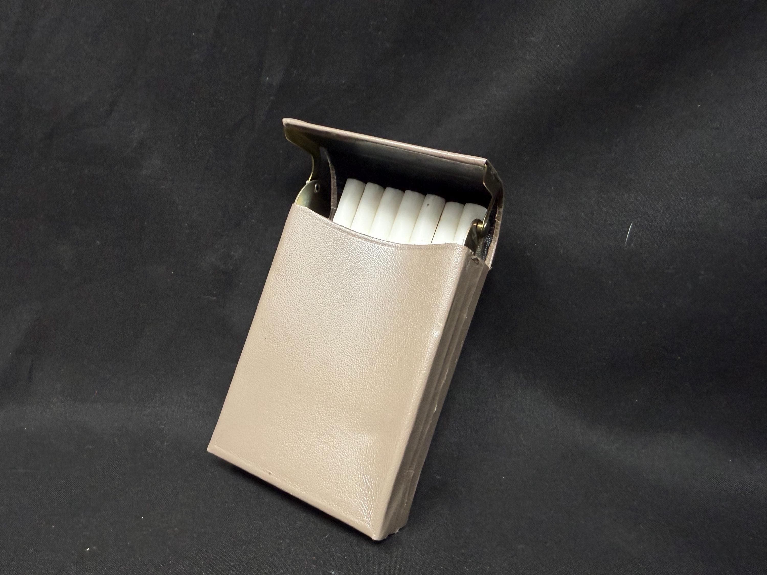Vintage German Leather Metal Cigarette Case Hard Shell with Metal Plates Hinges