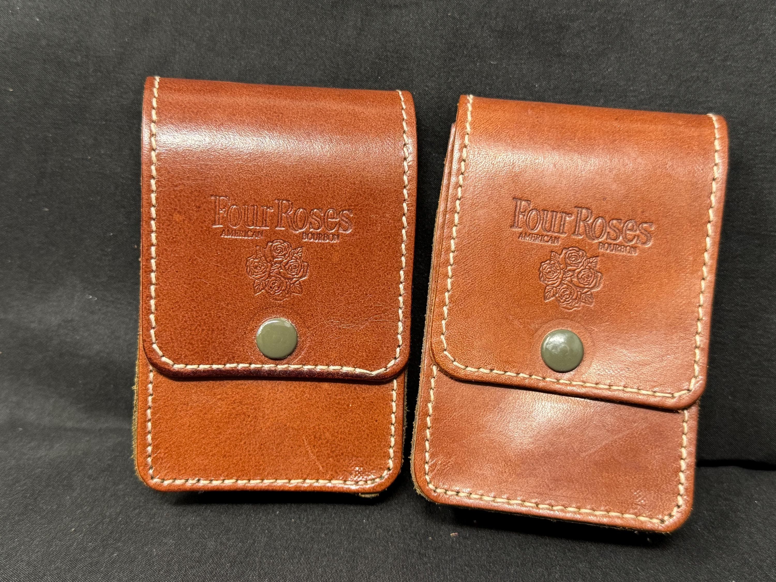 High-quality Four Roses reddish leather engraving. Features a secure  lock. Solid, elegant feel. Vintage new old stock.4”x2.5”x1”