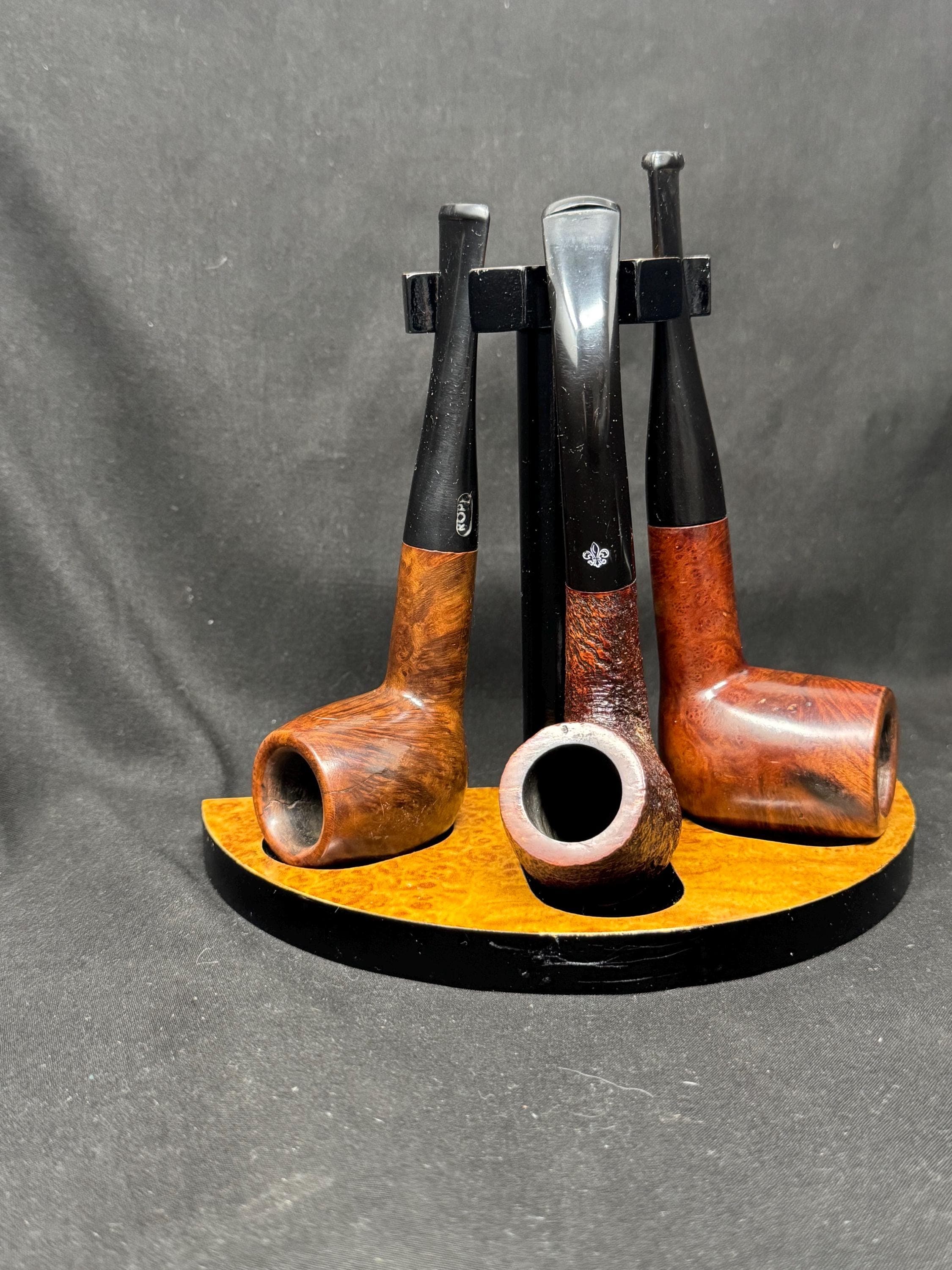 Mid-Century Modern Half-Moon 3-Pipe Display Stand | NOS Acrylic Wood-Effect Cabinet